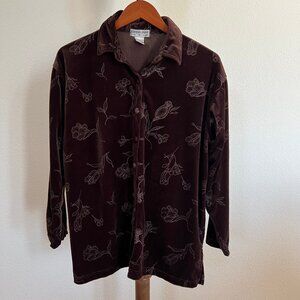 Euro Joy Women's Size M Dark Brown Floral Long Sleeves Velvet Button-Up Shirt